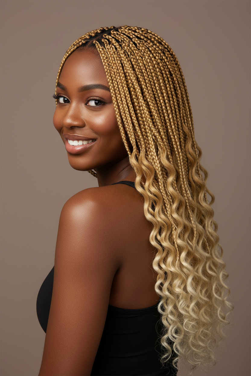 A blonde braided hair extension on a beautiful lady