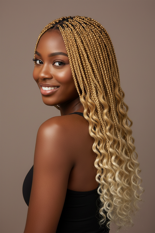 A blonde braided hair extension on a beautiful lady