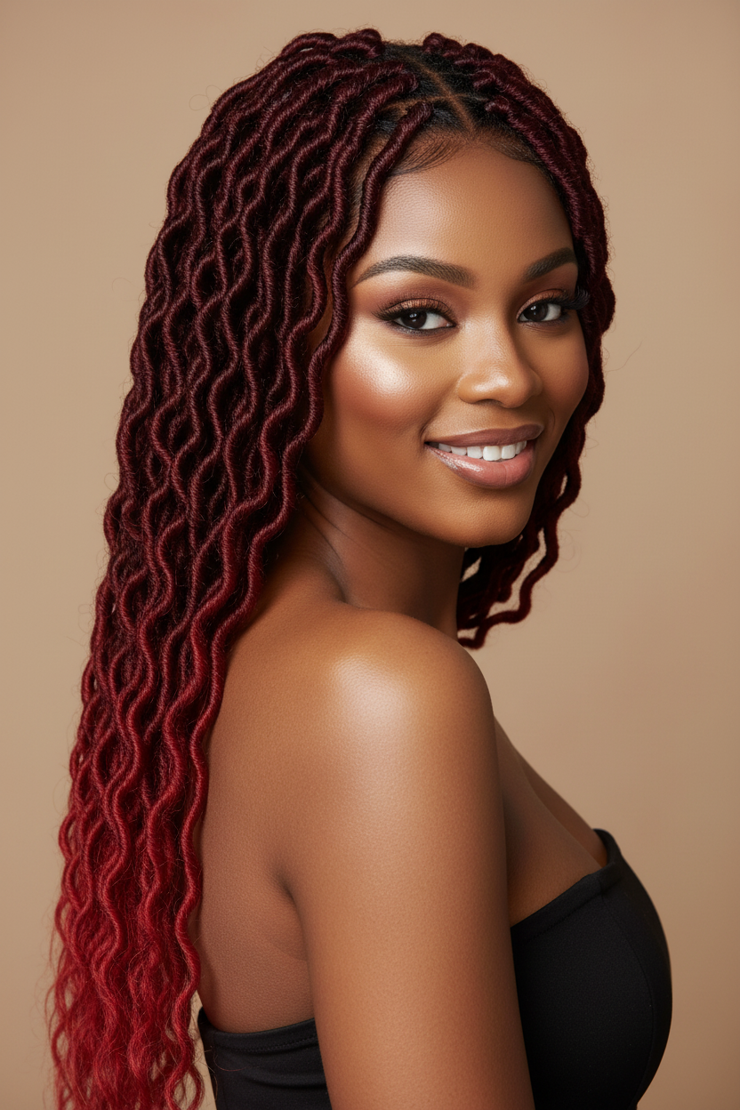 Lady on gypsy locs red and black