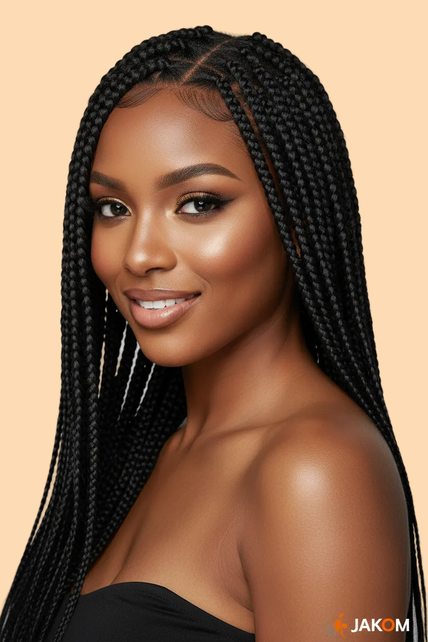 Lady on Black hair extensions with Jakom packaging on a white background