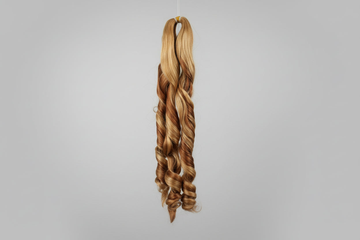 Loose waves hair extension in a honey blonde and auburn mix