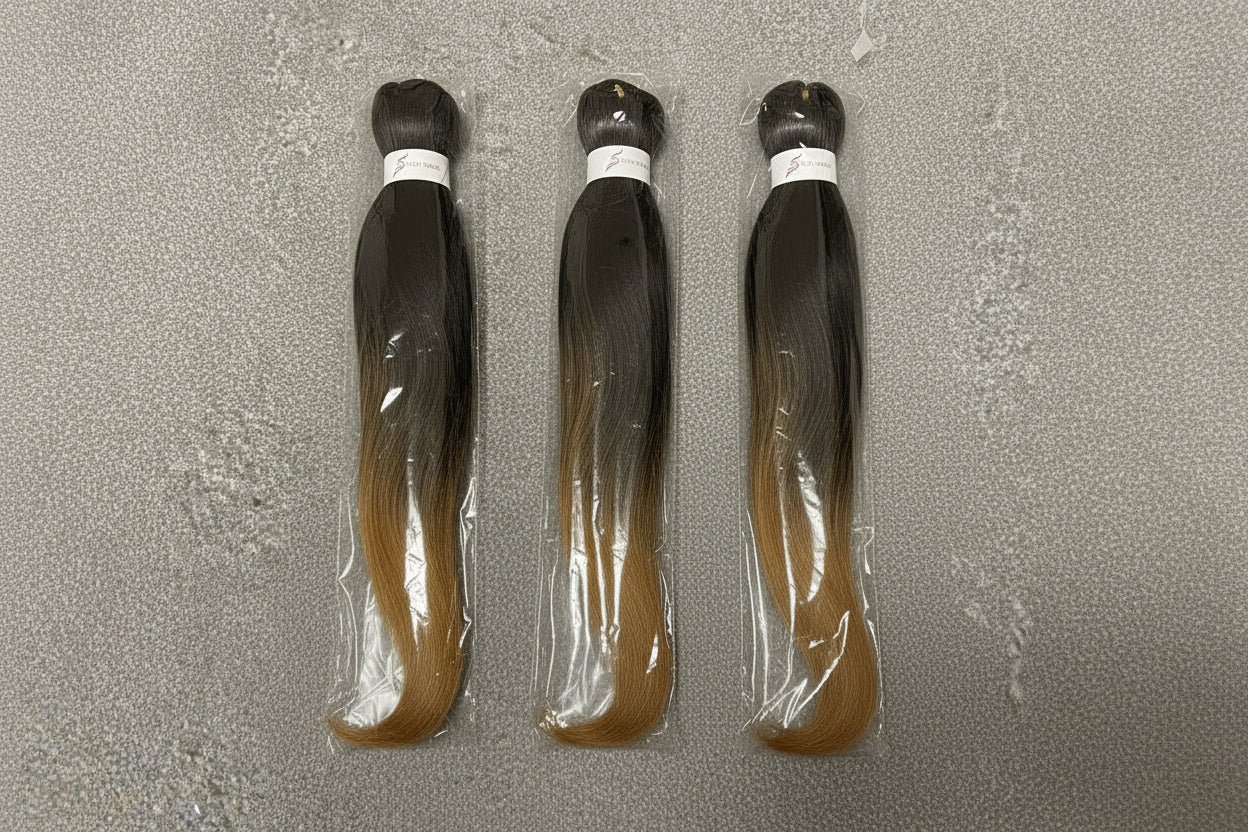 Pre-stretched hair extensions, natural black and honey blonde