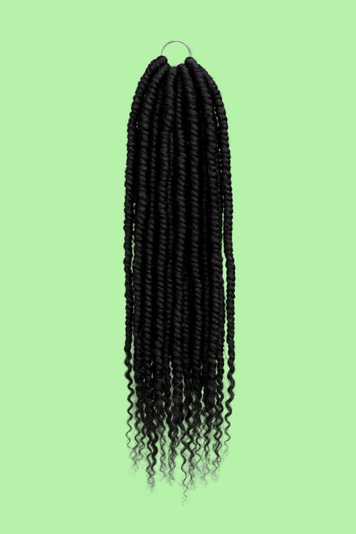 Black braided hair extensions on a gray background