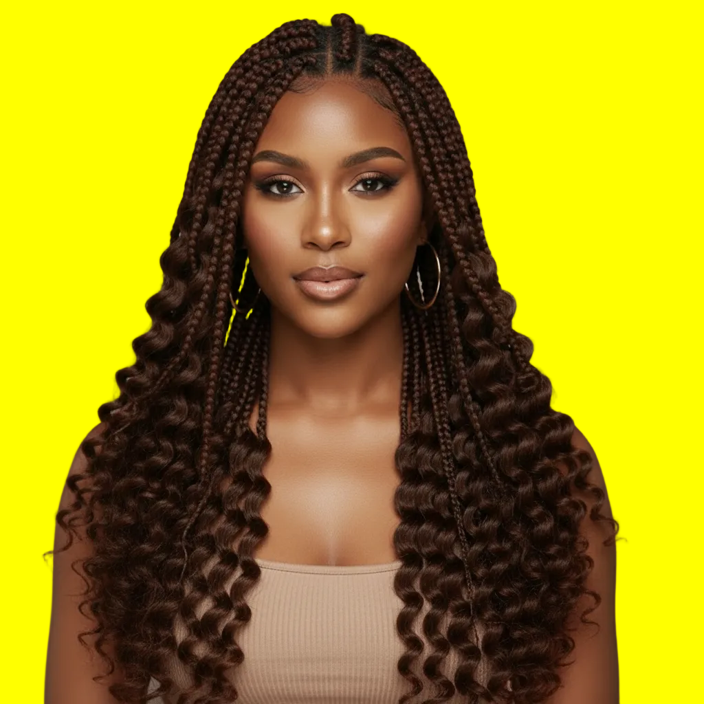 Woman with long, styled braids against a brown background