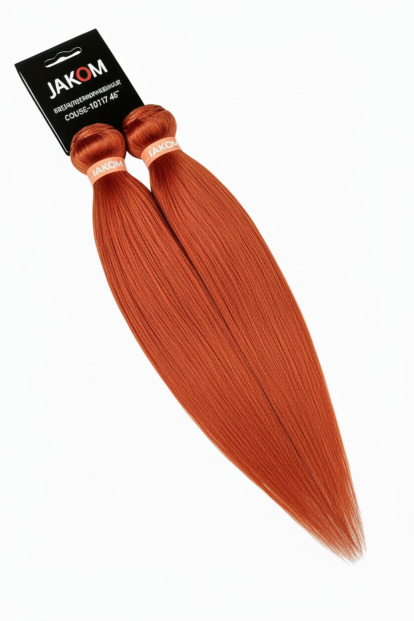 Hair extensions with a gradient color from black to blonde on a white background, featuring the brand 'Jakom'.