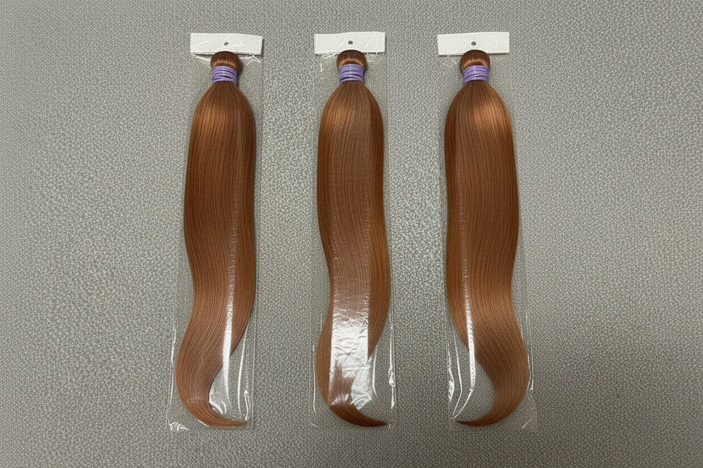 Three packages of blonde hair extensions on a gray background