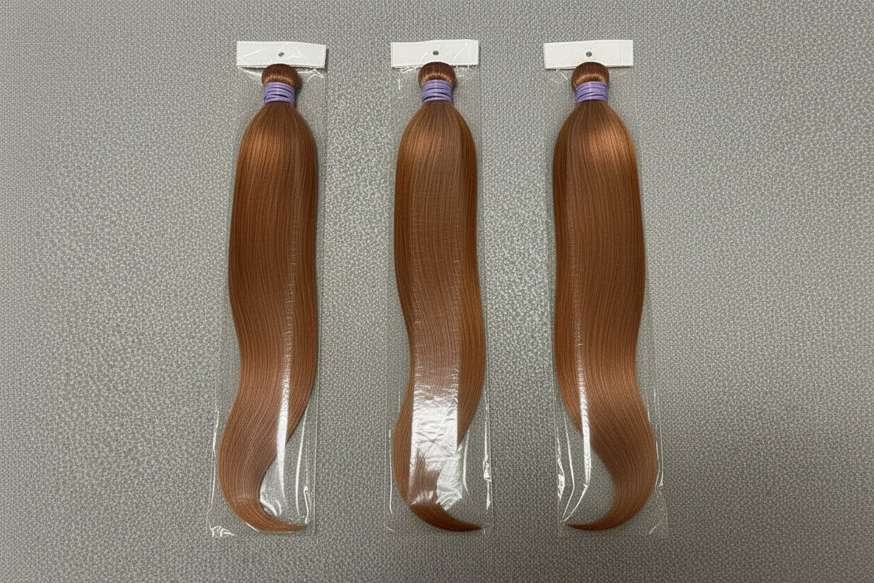 Three packages of blonde hair extensions on a gray background